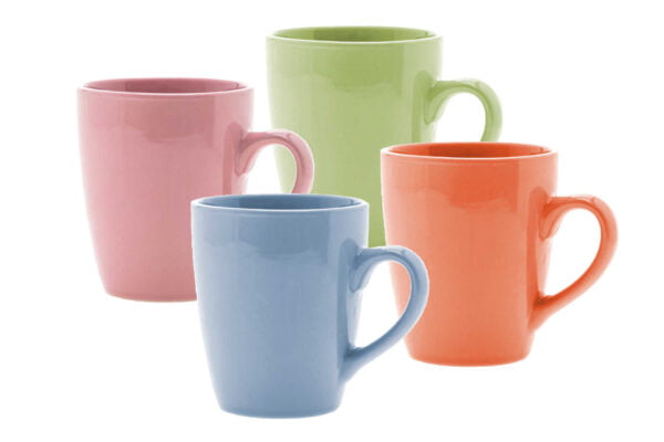 Tall coffee mug in spring green, rose pink, faded blue and bright orange