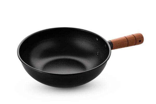 Round cast iron frying pan with deep sides and short handle