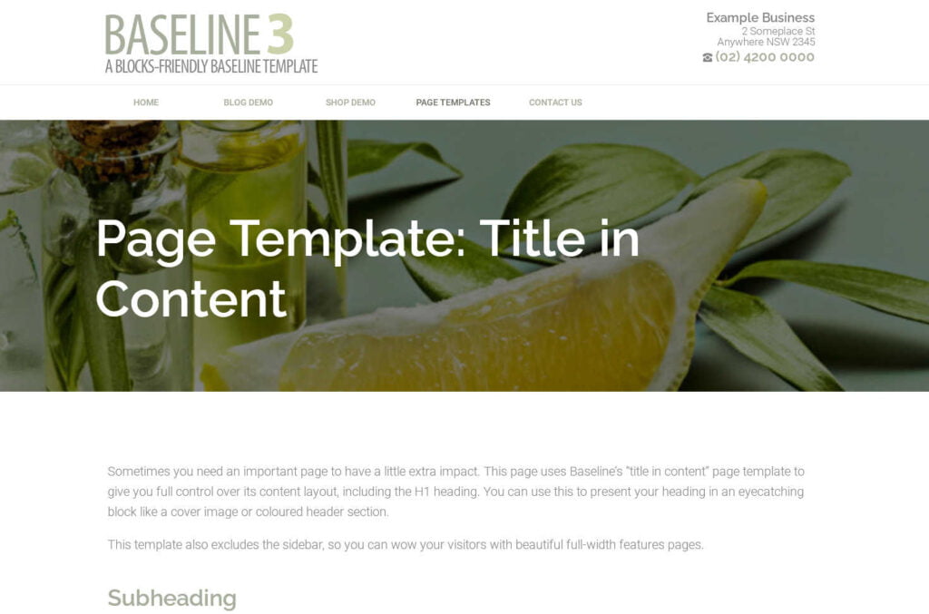 Demonstration of the Baseline theme's title-in-content page template, a single-column widescreen layout that allows for visual customisation of the main page title
