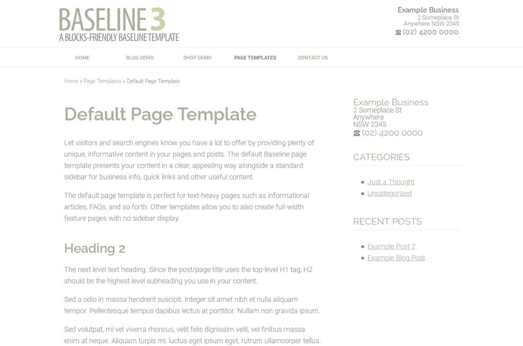 Demonstration of the Baseline theme's default page template, a two-column 70/30 layout with sidebar on the right